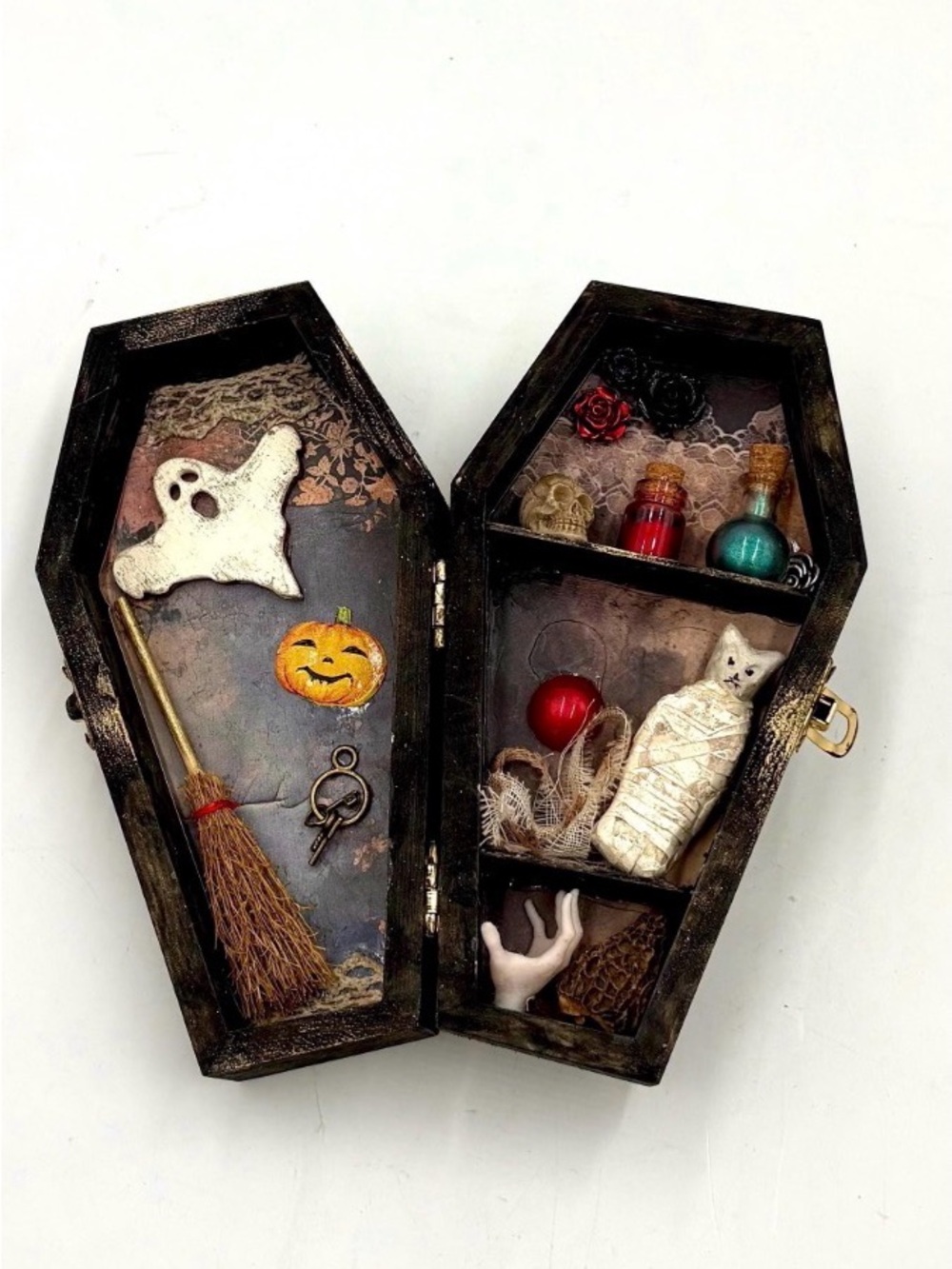 Handmade Coffin Cabinet of Curiosities Shadow Box. Vintage Gothic Decor.